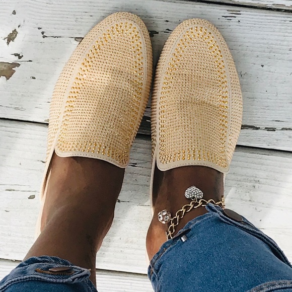 Gold Sparkle Round Toe Slide On Mule Loafer Flat - Picture 3 of 5